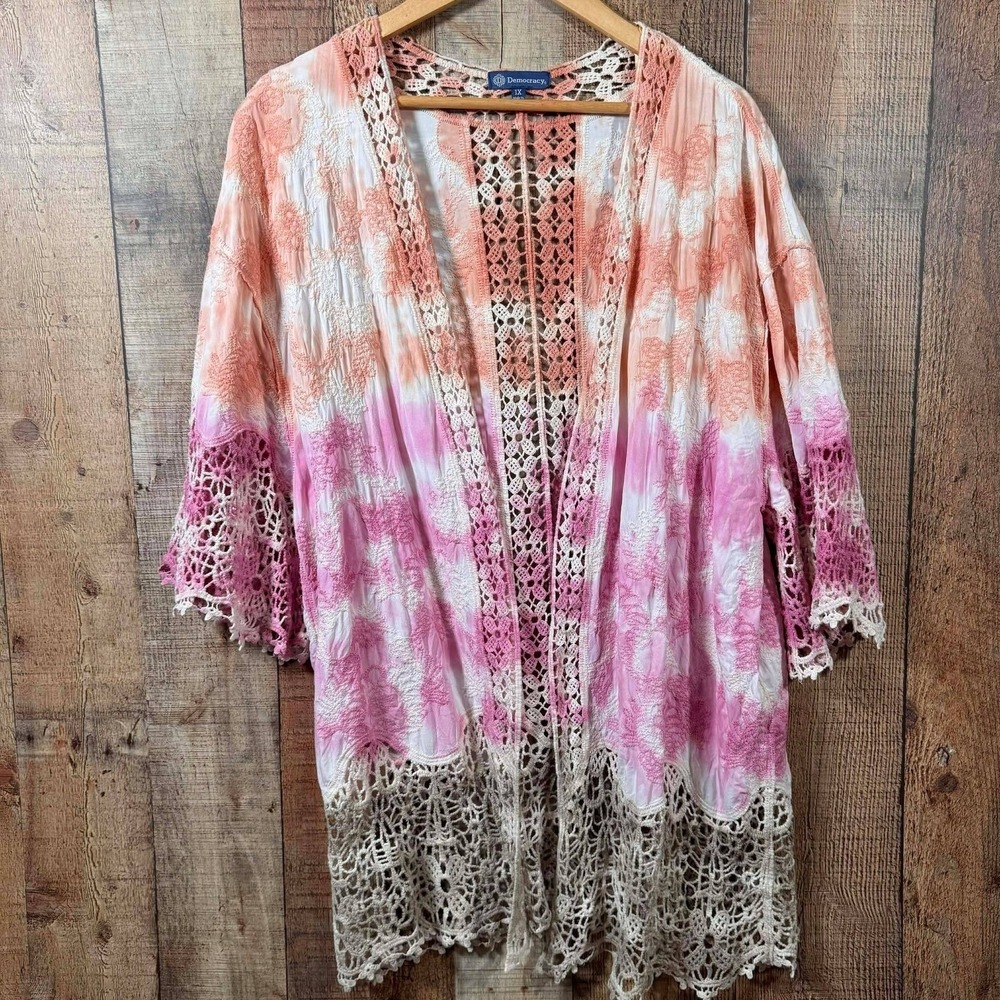 Democracy Tie Dye Crochet Kimono 1X Plus Lace Duster Swim Cover Up Pink Orange